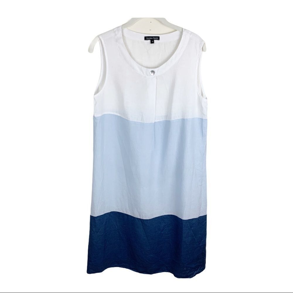 Gordon Smith Blue and White Linen Sleeveless Color-block Sheath Dress‎ Sz 10